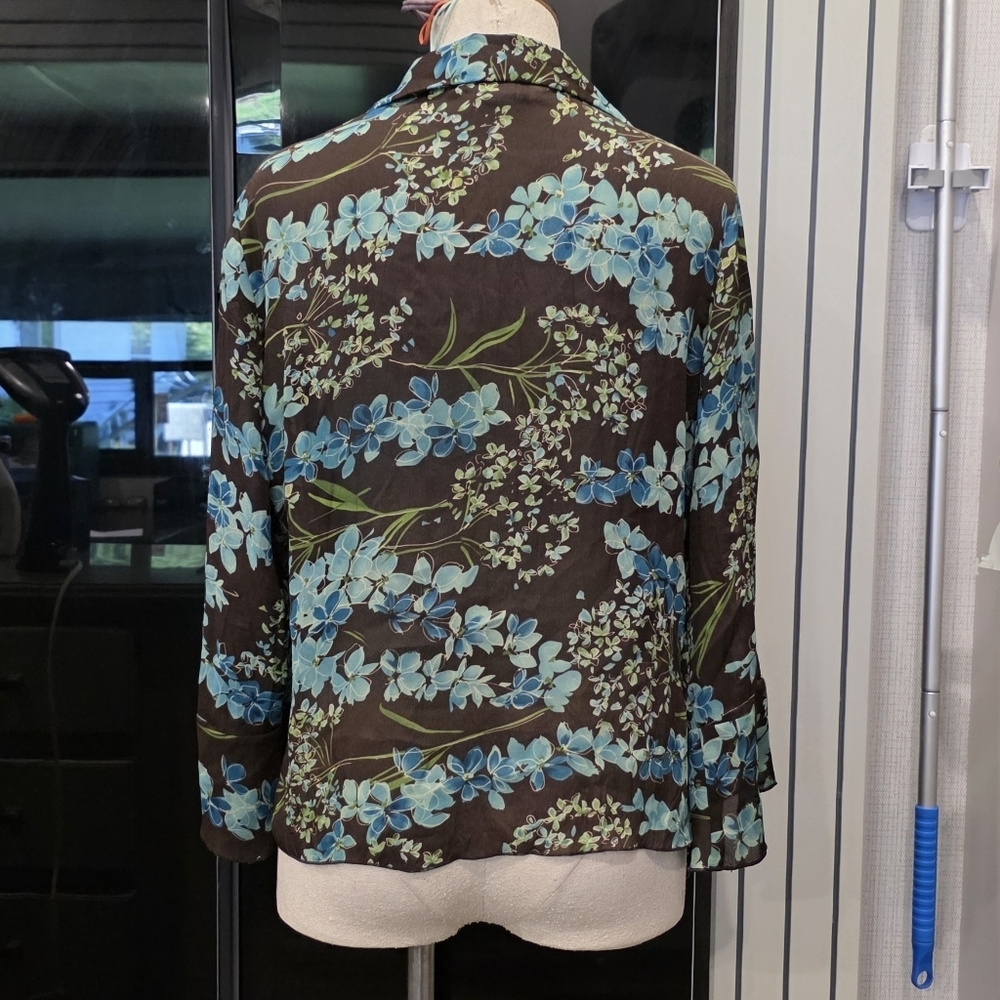 Allison Taylor Floral Ruffle Brown and Blue Women's Top - Picture 3 of 7